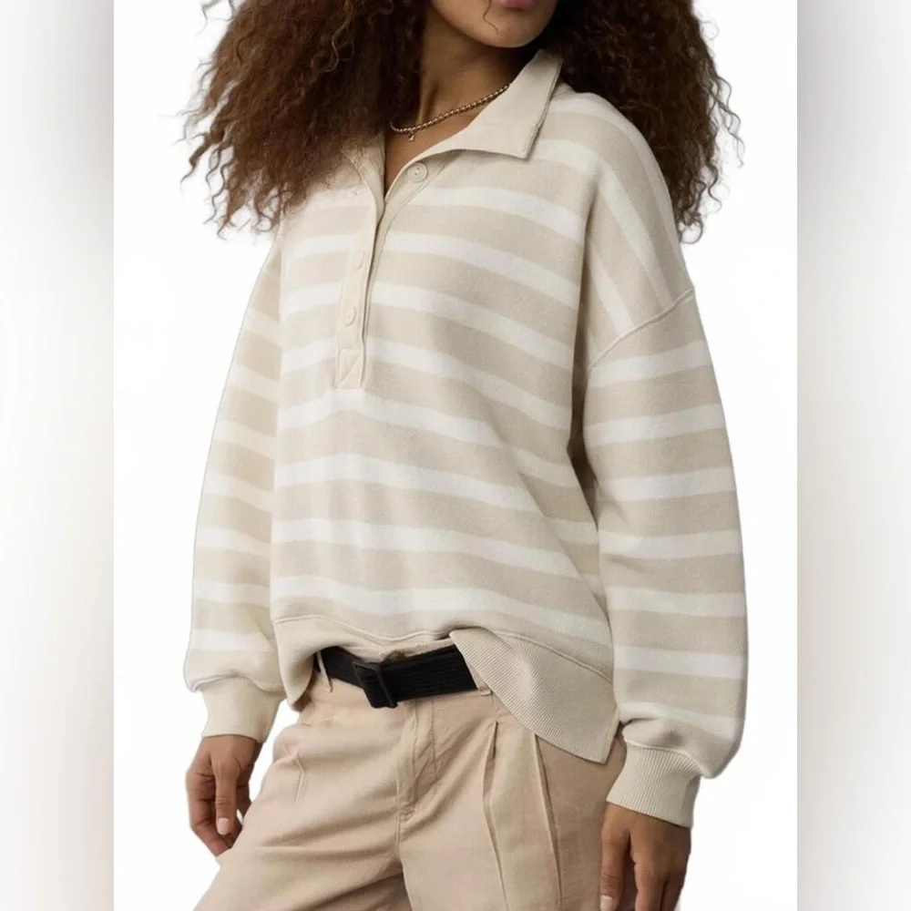 AE Big Hug Henley Sweatshirt American Eagle Beige Stripes NWT - Picture 4 of 6